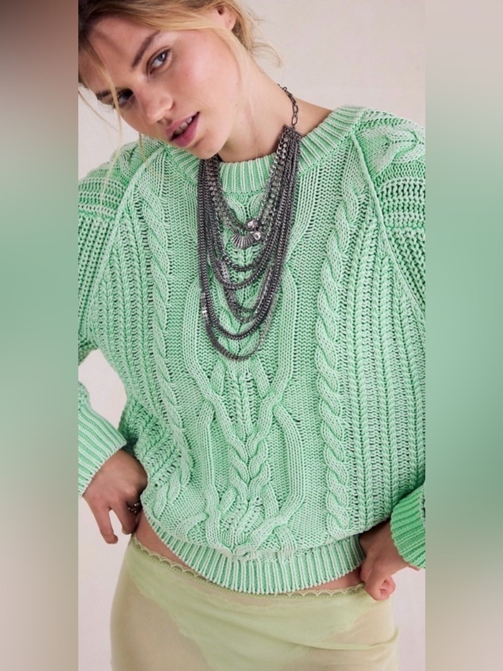 FREE PEOPLE 💚 Women's Mint Cable Knit Sweater Cozy 100% Cotton Patina Green